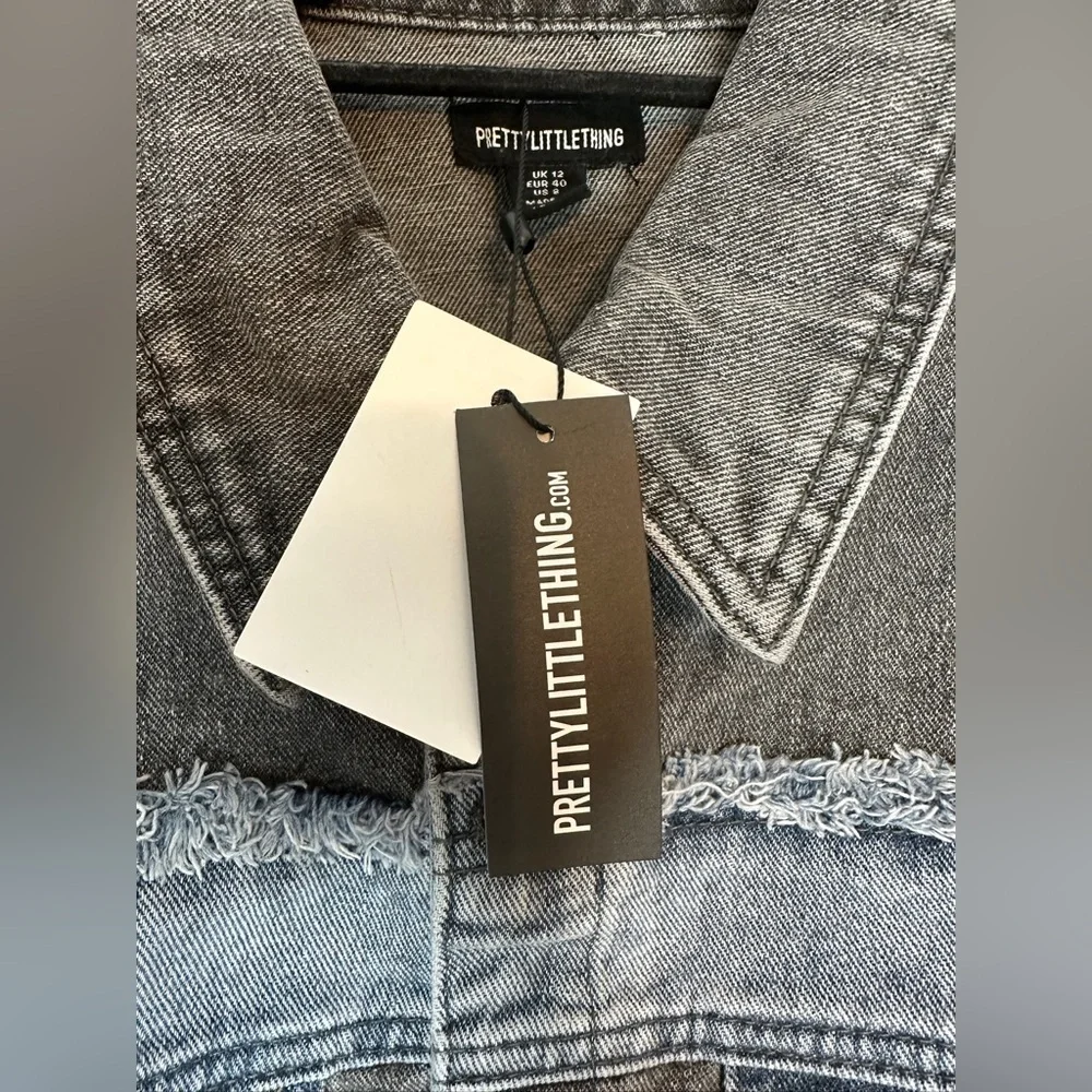 NWT PrettyLittleThing Washed Grey Double Layered Denim Cropped Jacket US Size 8 - Picture 11 of 14